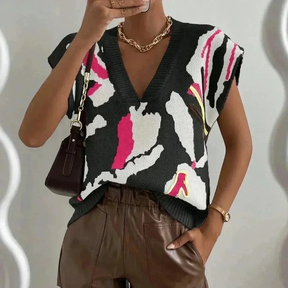 Multicolor Casual Women's Full Print V-Neck Loose Knitted Sweater Vest - Picture 6 of 6